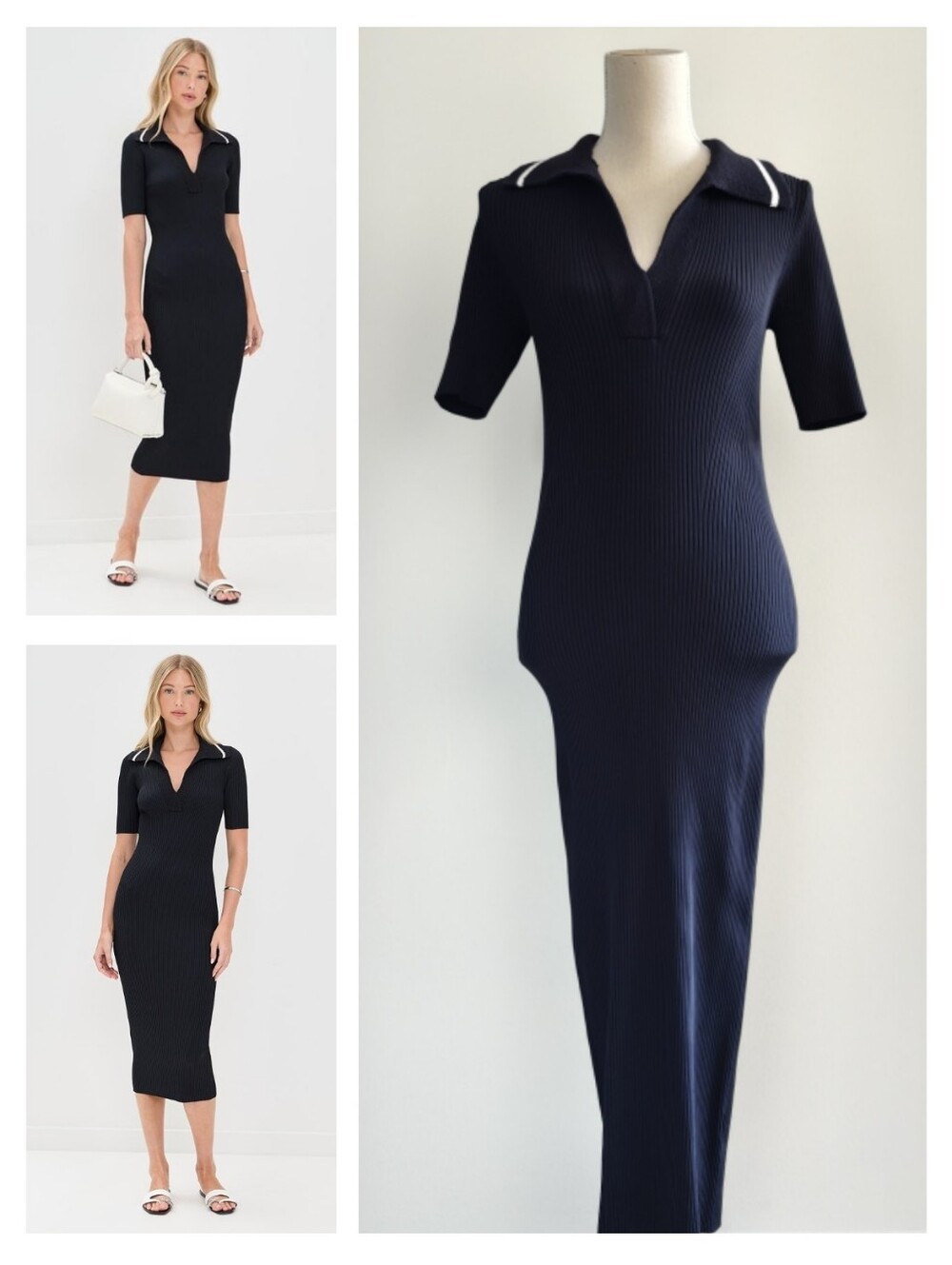 NWT A.L.C. Black Ribbed Polo Midi Dress with White Collar Trim